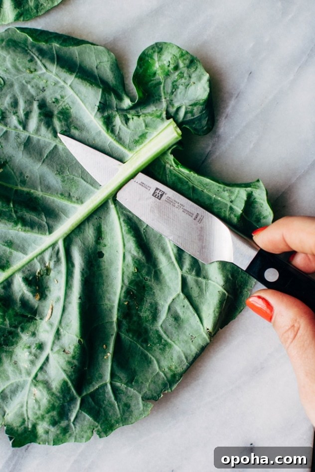 Cutting collard leaves for spring rolls
