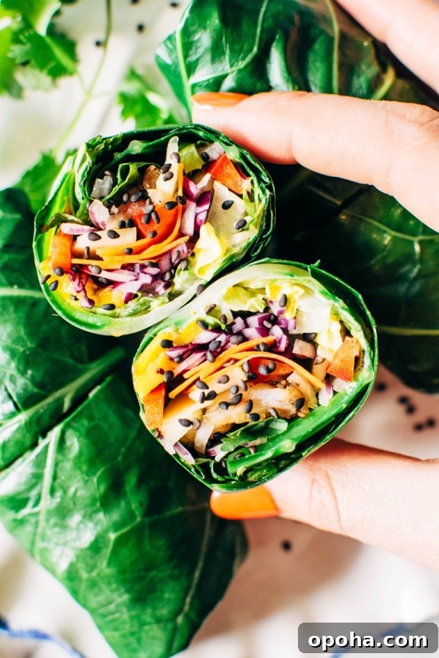 Finished rainbow collard green spring rolls with shrimp