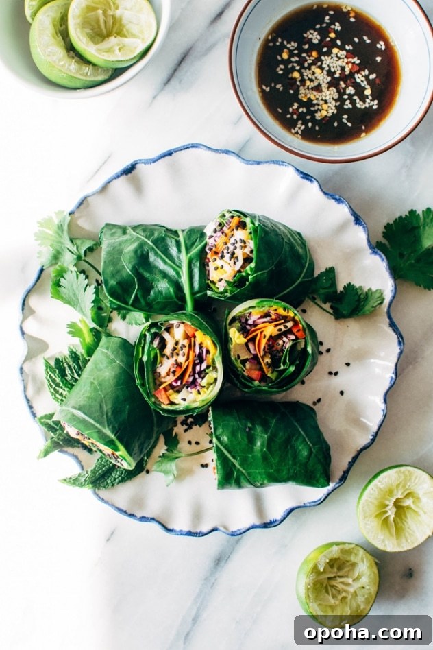 Assembled rainbow collard green spring rolls