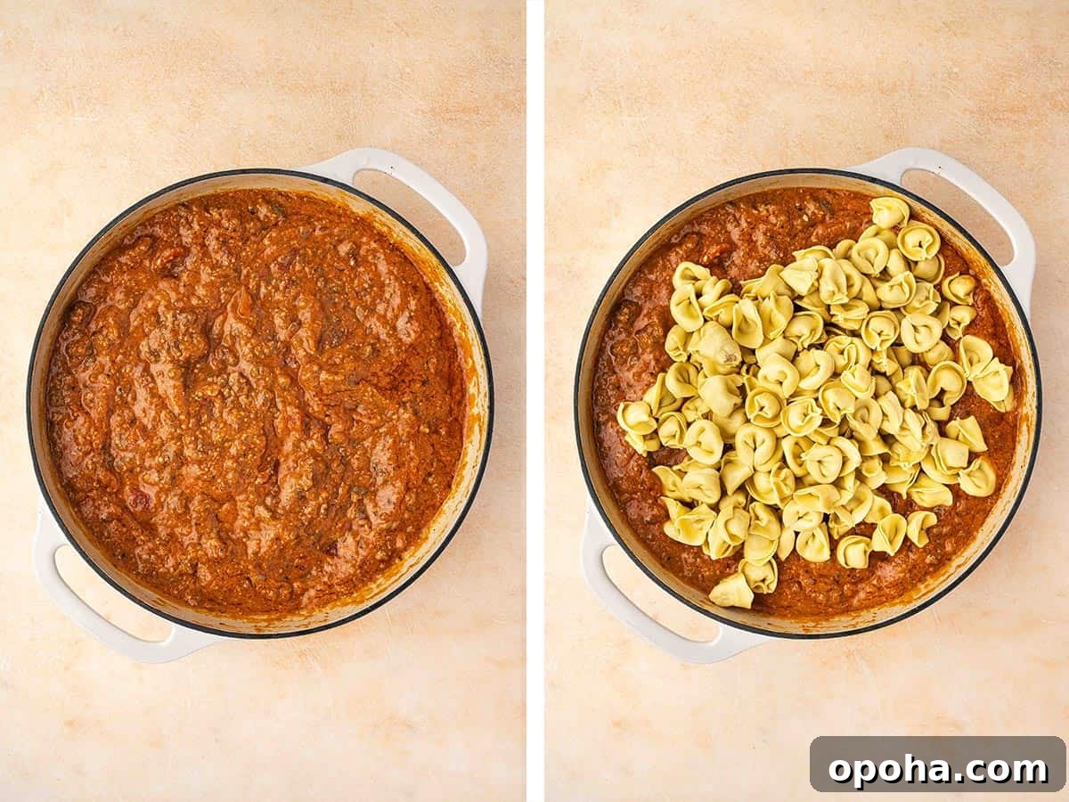 Tortellini Lasagna Bake: Cheesy Italian Pasta Casserole Recipe 6 Set of two photos showing sauce mixed together in the pot and the tortellini added.