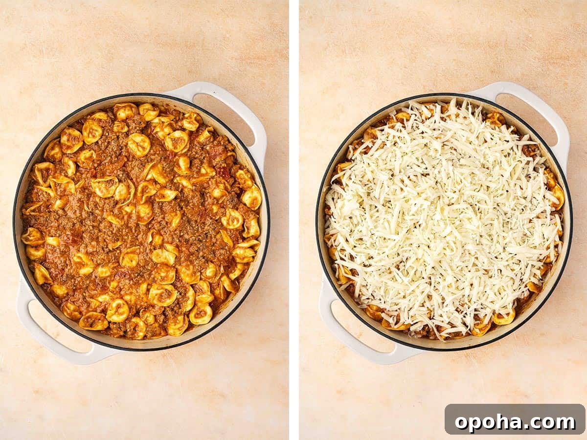 Tortellini Lasagna Bake: Cheesy Italian Pasta Casserole Recipe 7 Set of two photos showing tortellini mixed with the meat sauce and topped with shredded mozzarella.