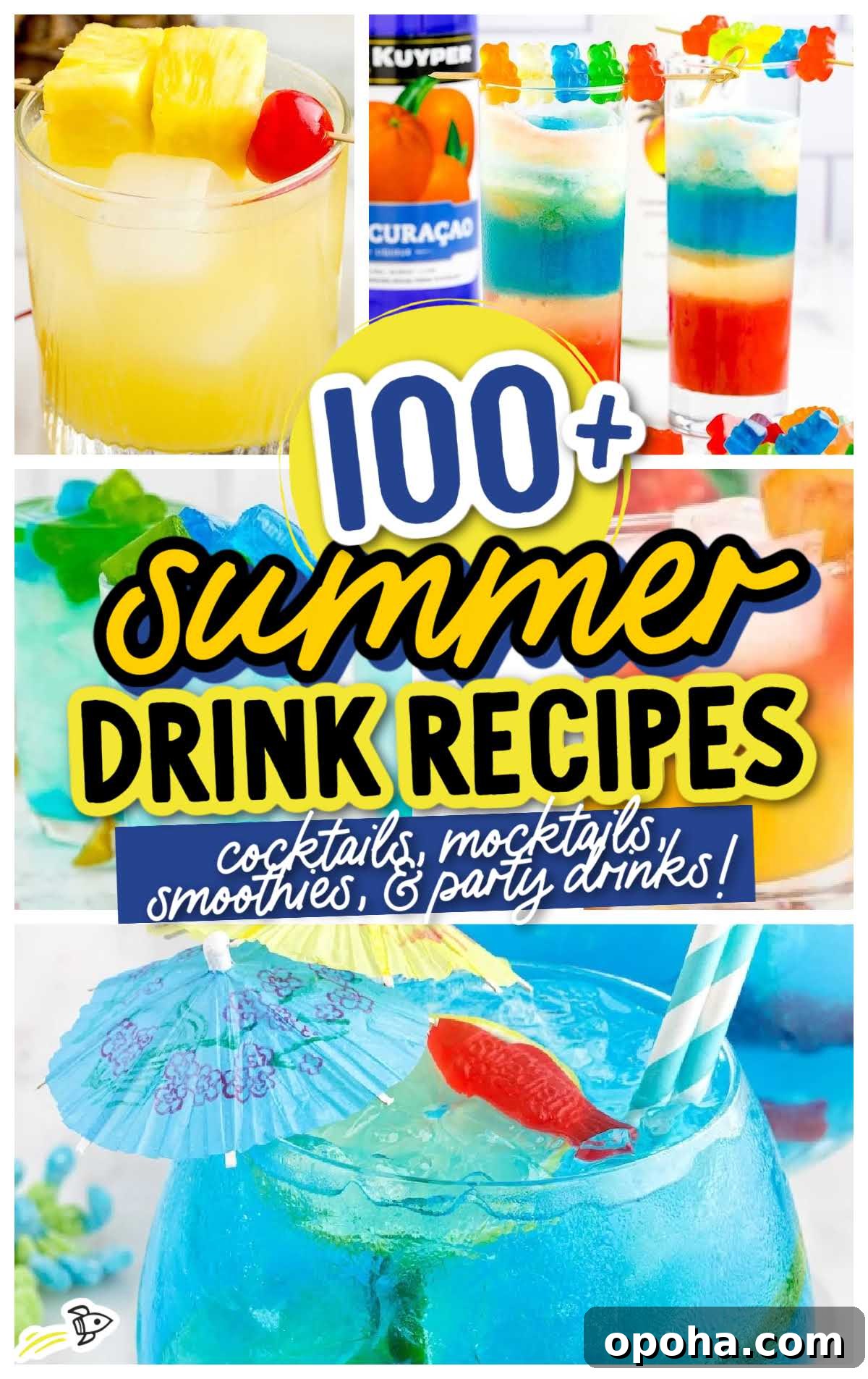 Collage of colorful summer drinks, including a lemon cocktail with cherry, layered blue and yellow mocktails with gummy bears, and a blue drink with a paper umbrella. Text: 100+ Summer Drink Recipes: cocktails, mocktails, smoothies & party drinks!.