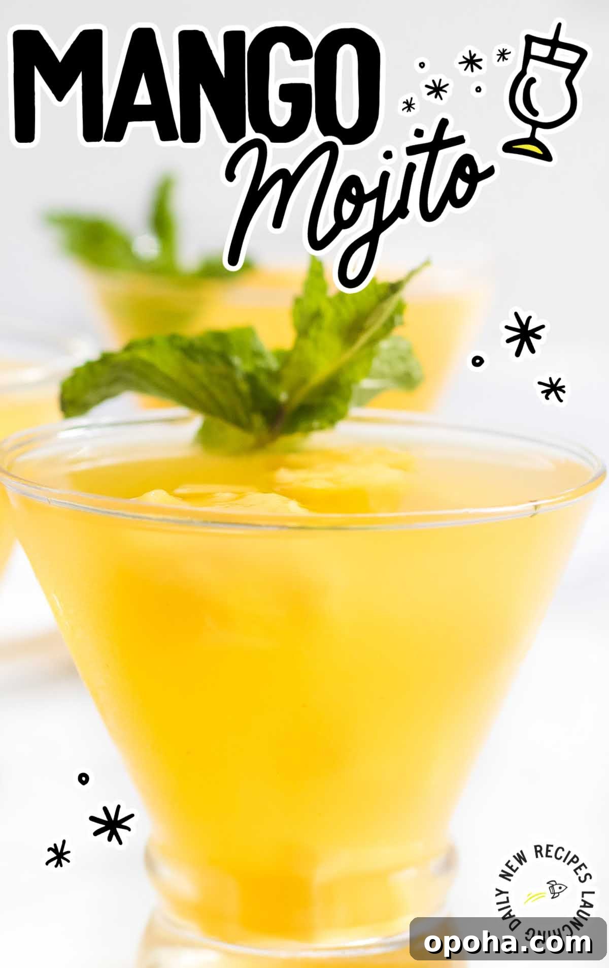 A glass of orange juice next to a cup of coffee, with Mojito and Mango