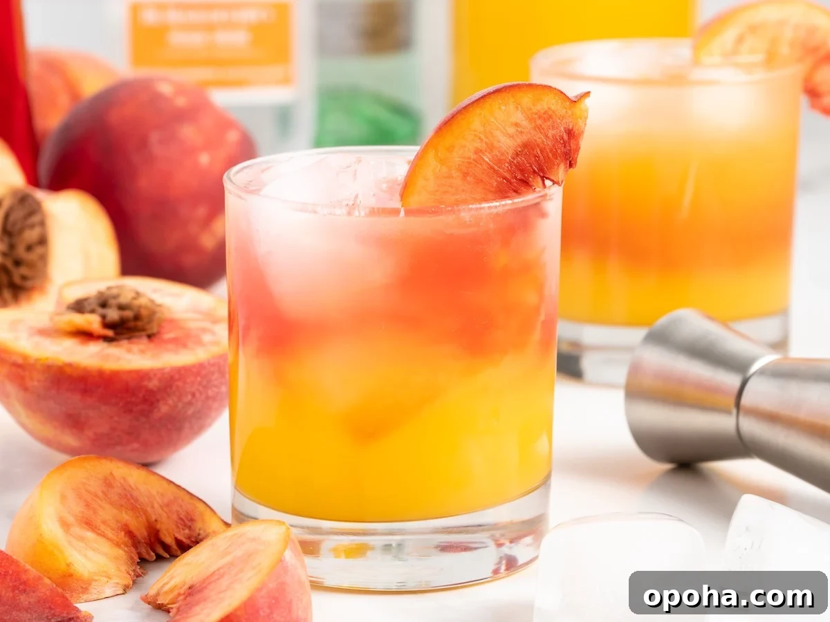 Two glasses of a peach-colored Peach Schnapps Cocktail with ice, garnished with peach slices. Fresh peaches, a cocktail jigger, and ice cubes rest on the white surface. Bottles and another drink are blurred in the background.