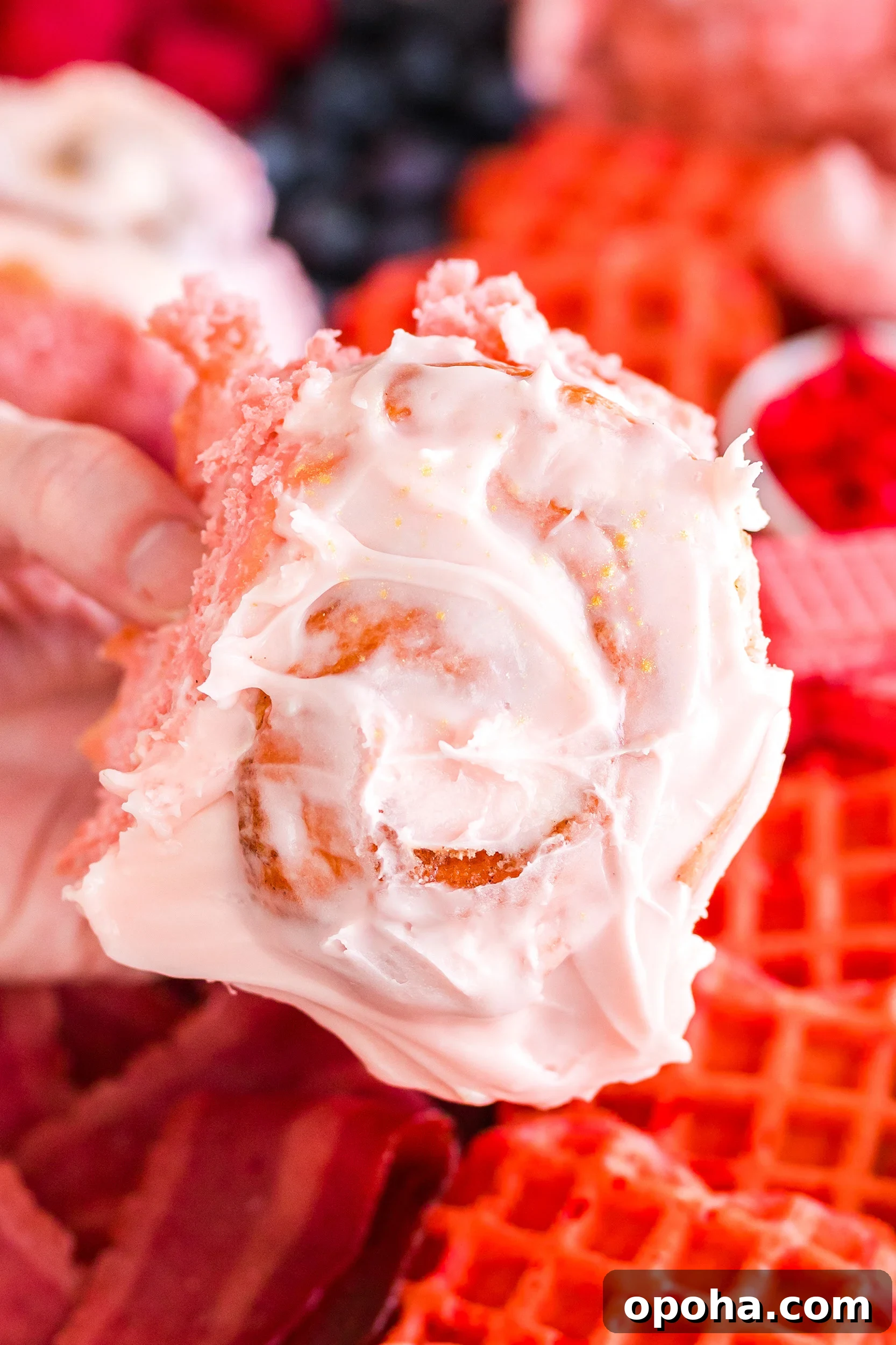 single strawberry cinnamon roll being held by a hand