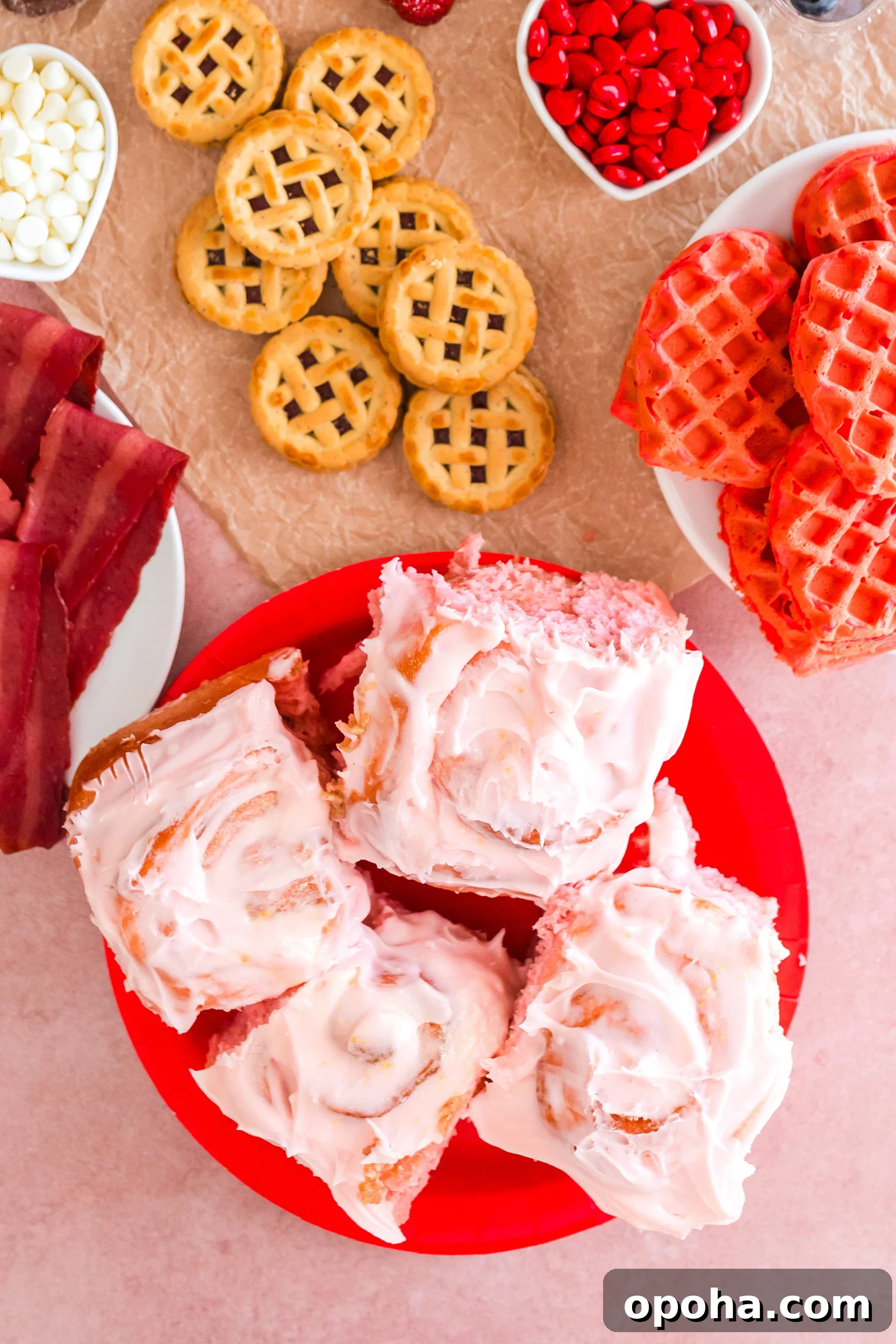 four strawberry cinnamon rolls on a red plate