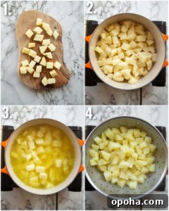 4 step by step photos showing how to prepare breakfast potatoes