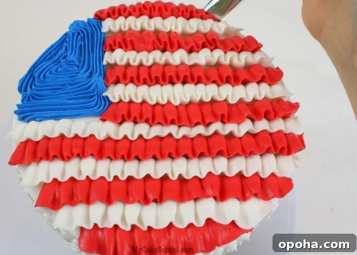 Ruffled Buttercream Flag Cake Tutorial-Perfect for July Fourth, Memorial Day, Veterans Day, and more!
