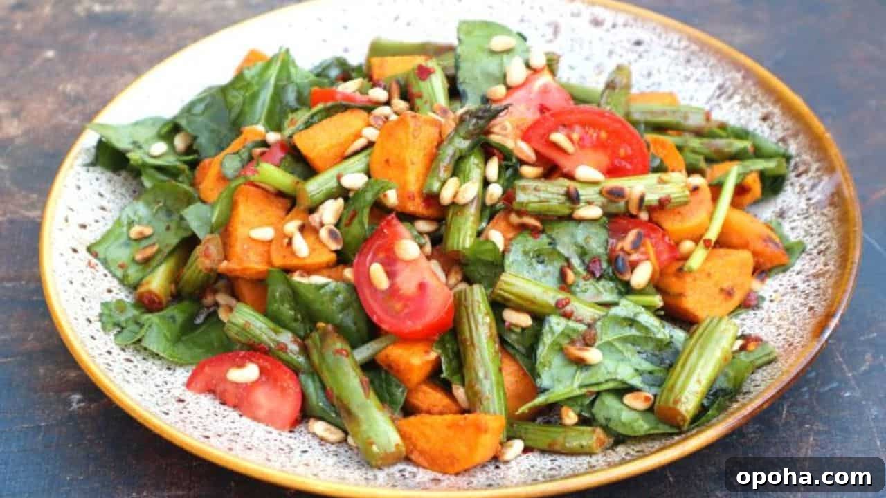 Sweet Potato Salad with Green Asparagus, Spinach and Pine Nuts