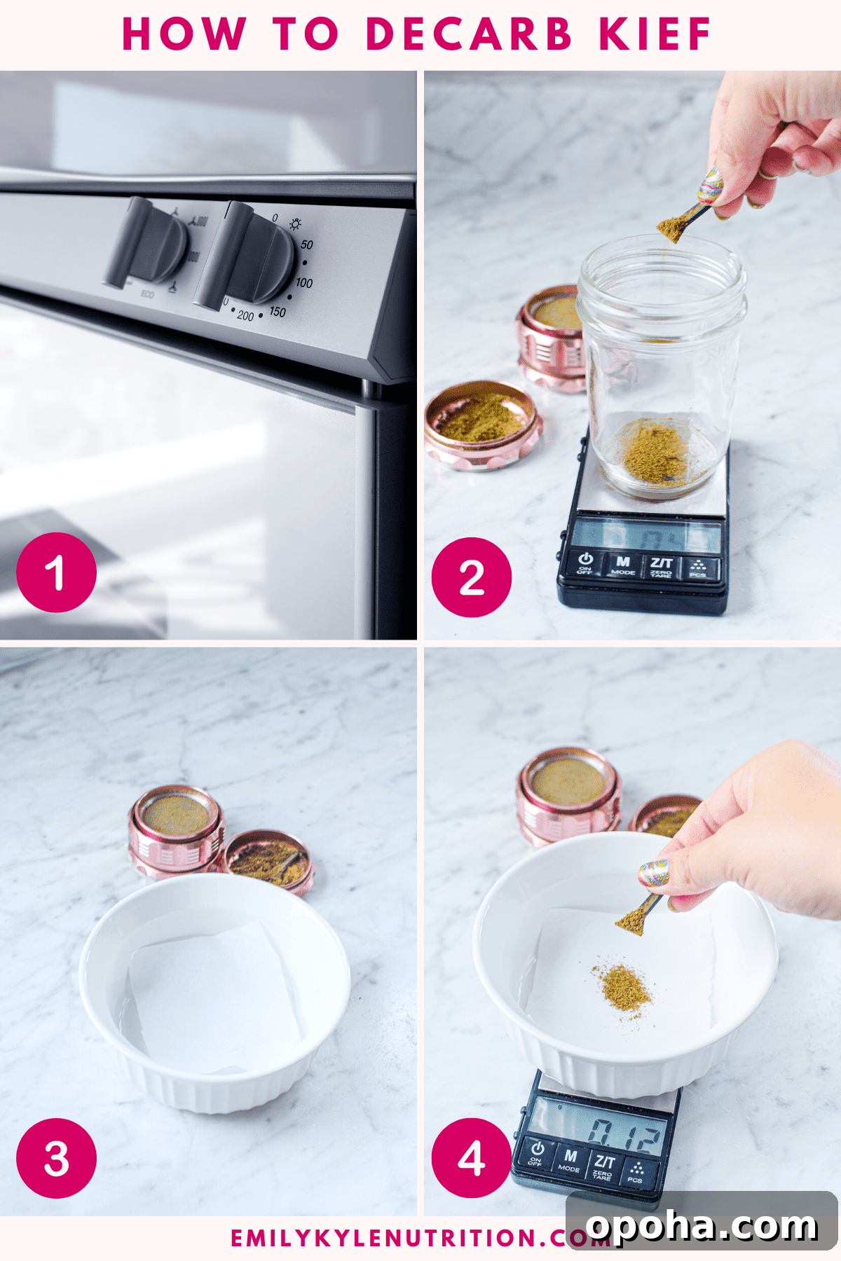 How to Decarb Kief and Make Potent Edibles 6 A four step image collage showing the steps needed to decarb kief.