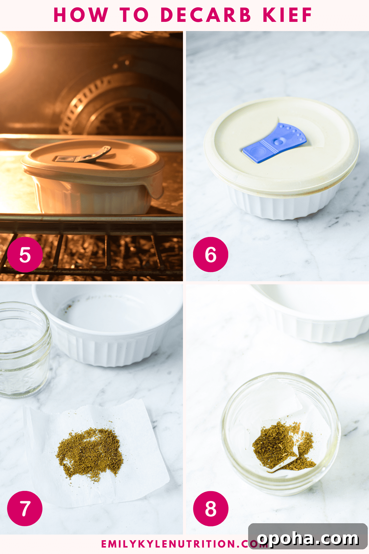 How to Decarb Kief and Make Potent Edibles 7 A four step image collage showing the steps needed to decarb kief.
