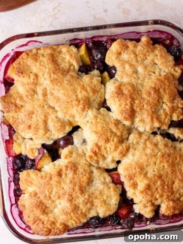 Peach and blueberry cobbler in a square glass baking dish.
