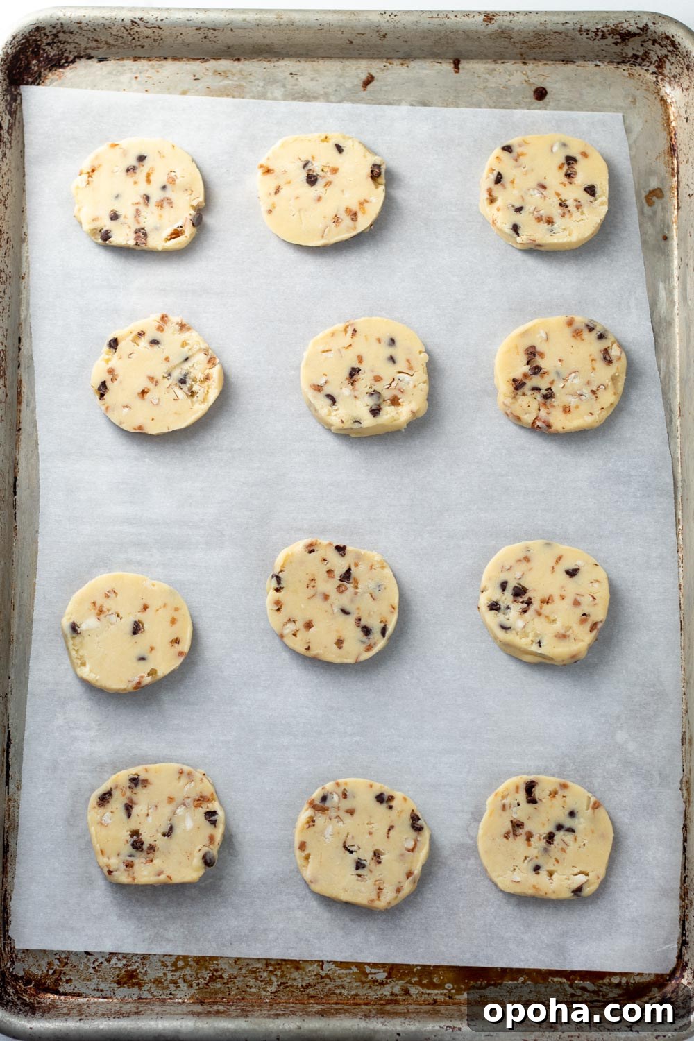 Chocolate chip shortbread cookies sliced and on a baking sheet ready to be baked.