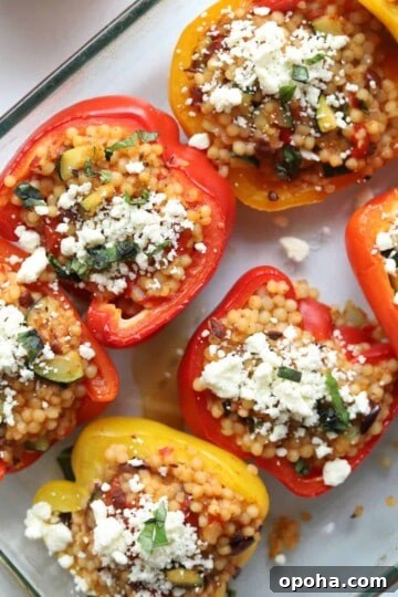 Casserole dish full of couscous stuffed peppers.
