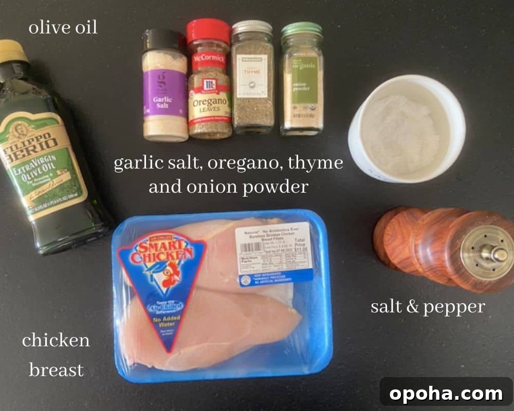 Perfectly Sautéed Chicken Breasts with Garlic and Herbs 3 sautéed chicken breast ingredients with text