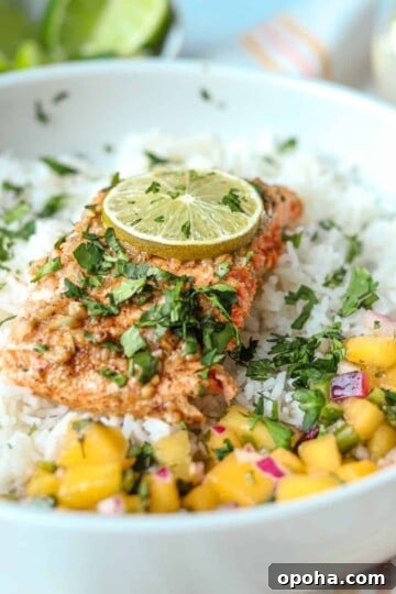Chili lime salmon topped over white rice with mango pico de gallo topped with cilantro