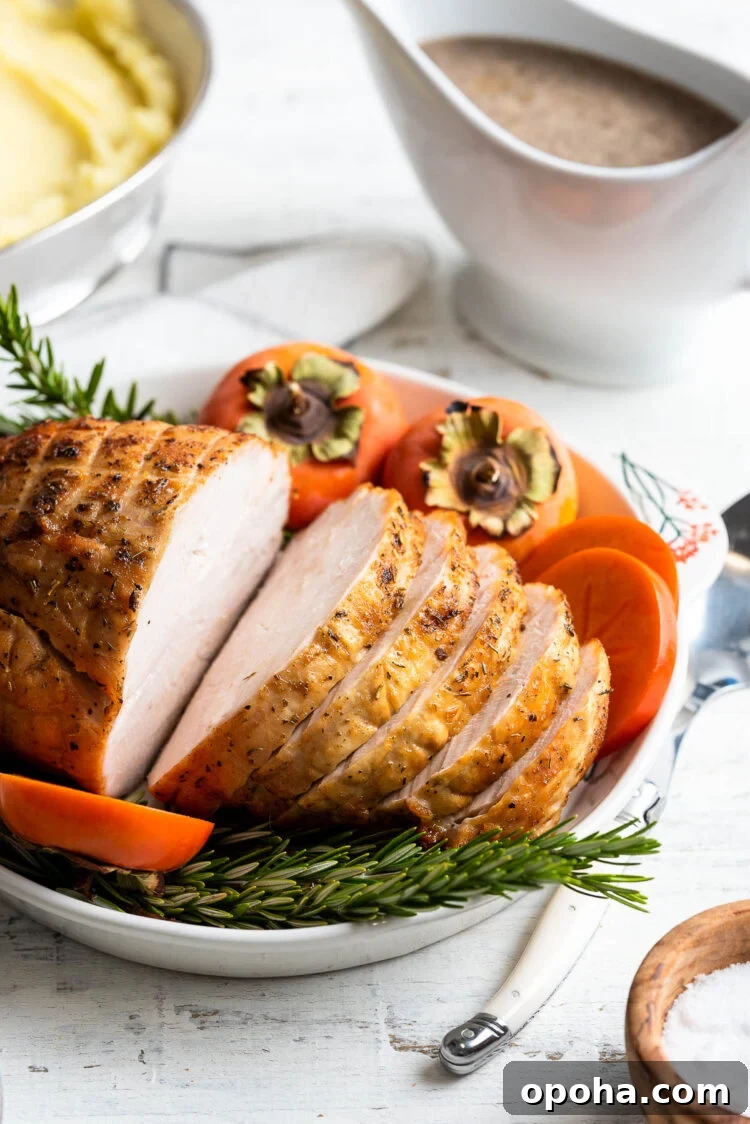 Perfectly Roasted Boneless Turkey Breast Recipe for Juicy Slices 2 Roasted Boneless Turkey Breast sliced on a platter garnished with rosemary and persimmons.