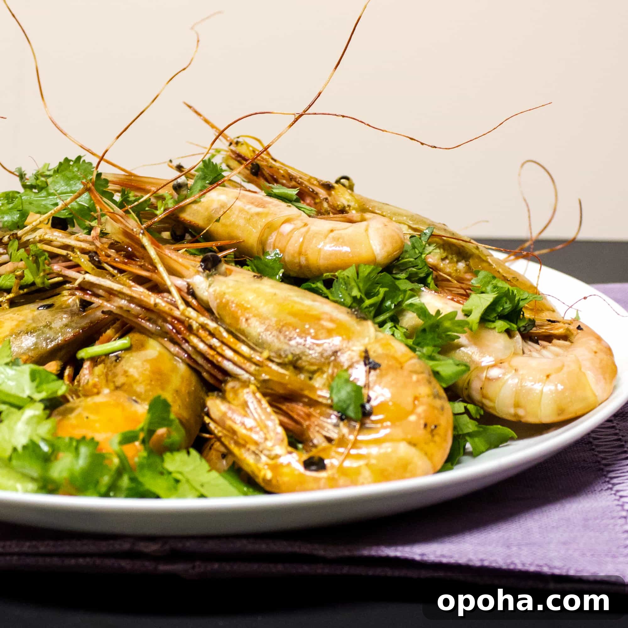 Easy to prepare king prawns cooked in a skillet with Thai chilies, garlic and oil with a cilantro garnish. Australian and Asian seafood similar to shrimp.