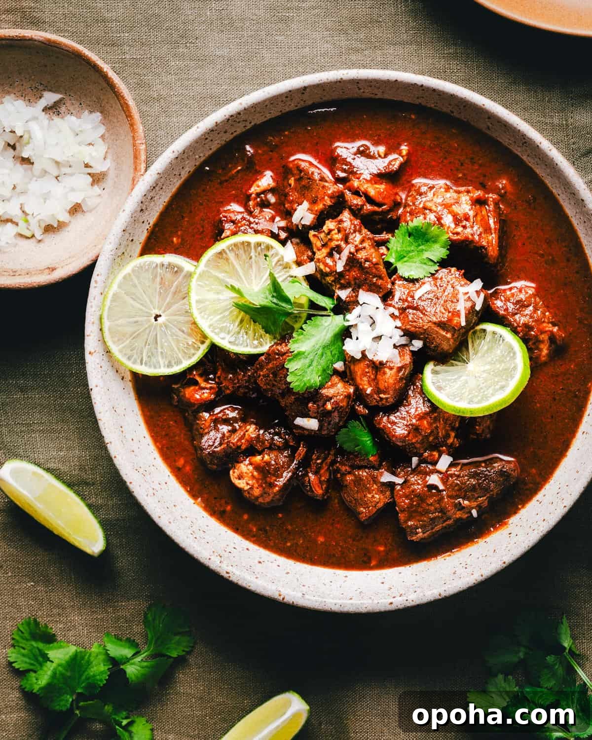 Authentic New Mexican Carne Adovada Recipe 2 A bowl of rich Carne Adovada with tender chunks of pork, garnished with sliced limes, cilantro, and diced onions. Set on a dark cloth, the dish is accompanied by a small bowl of onions and lime wedges scattered around.