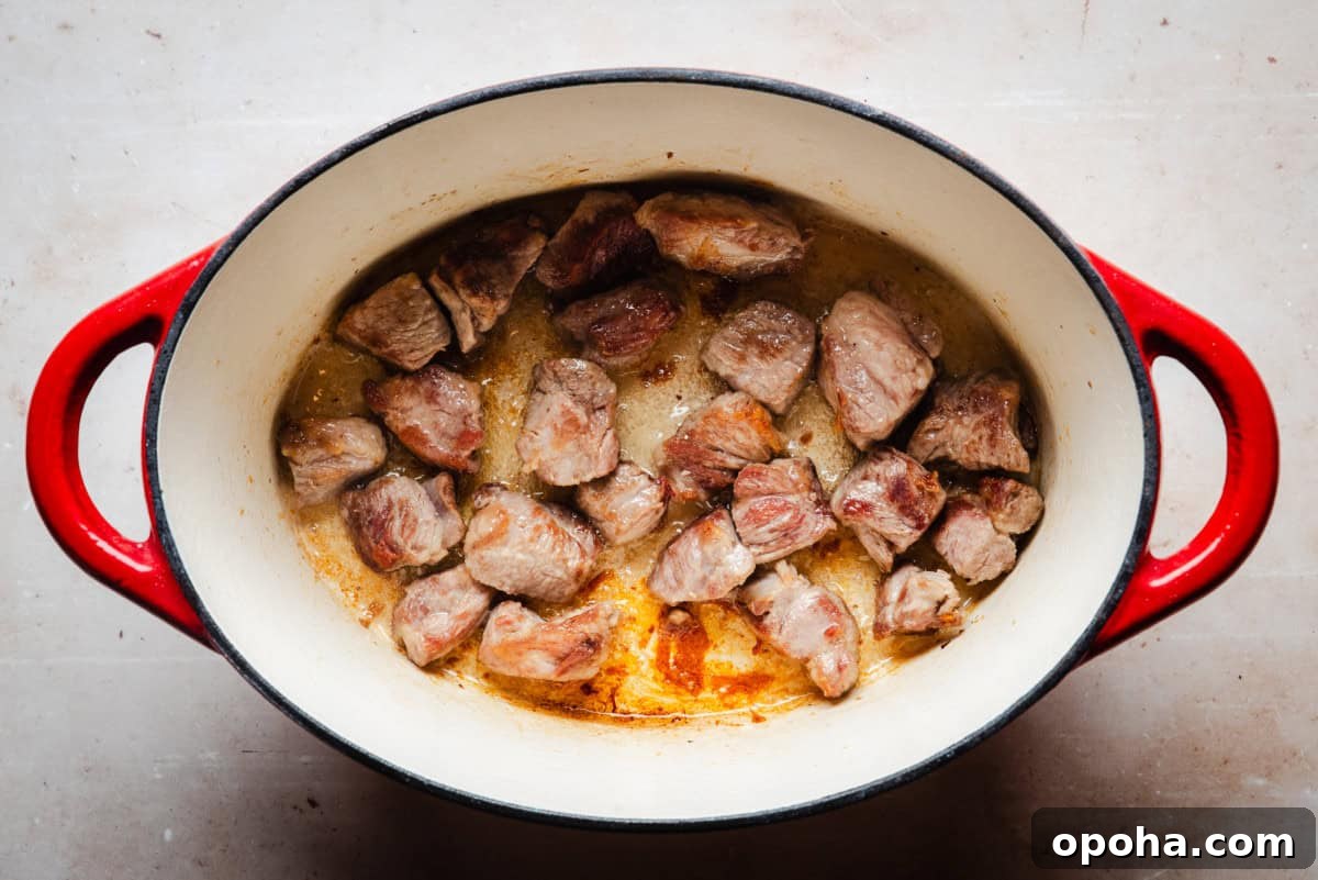 Authentic New Mexican Carne Adovada Recipe 5 Chunks of browned pork are sizzling in a red, oval-shaped pot on a light background.