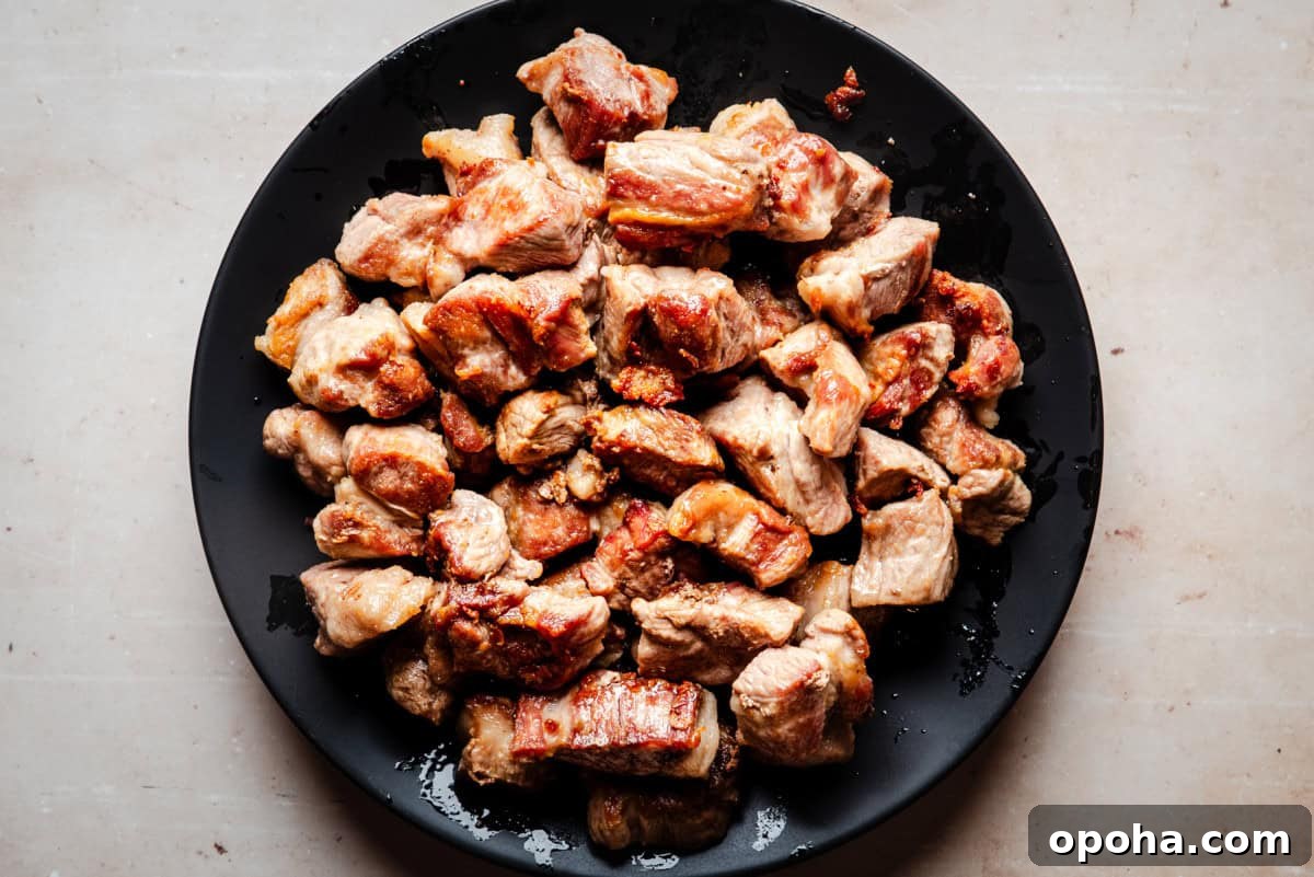 Authentic New Mexican Carne Adovada Recipe 6 A plate filled with cooked pieces of pork, showcasing a golden-brown and slightly crispy texture.