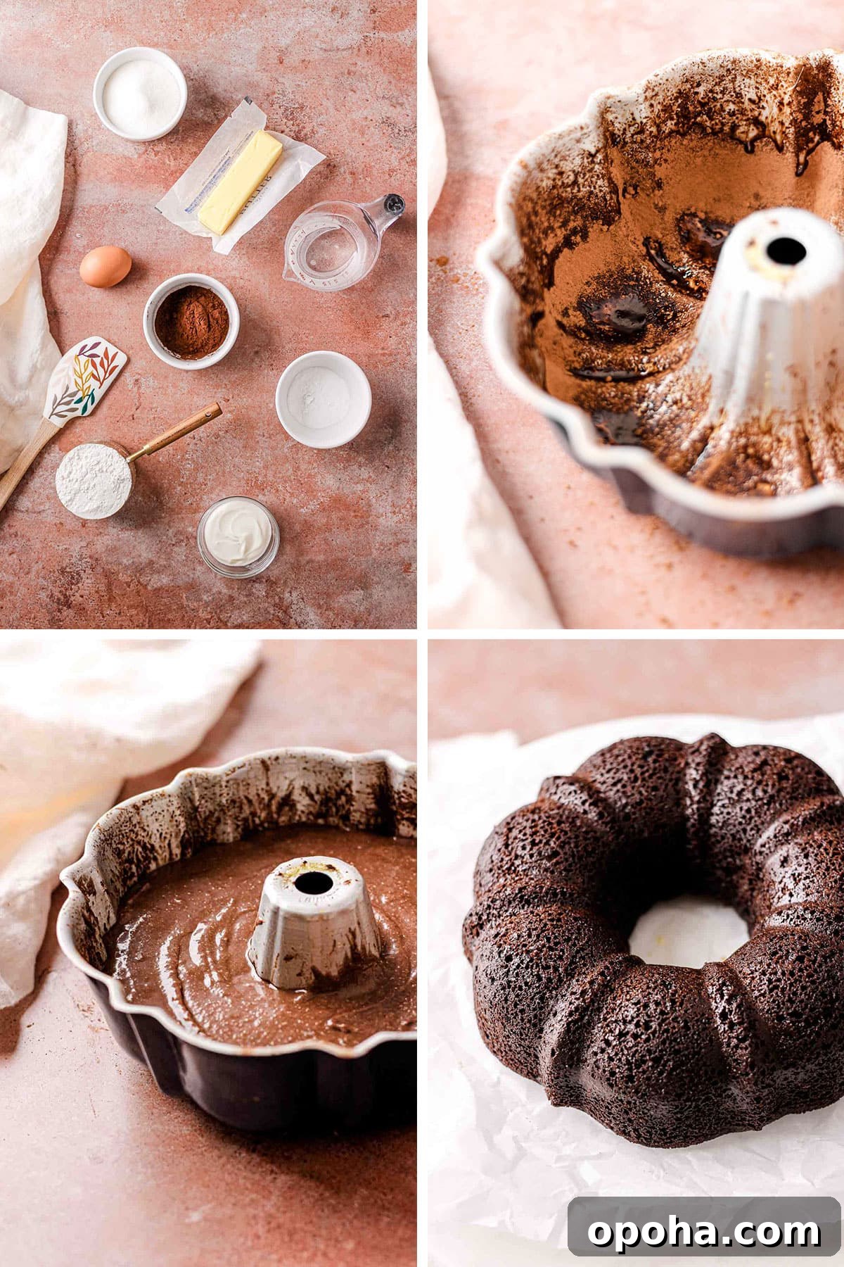 Decadent Chocolate and Peanut Butter Bundt Cake Recipe 4 process photos of chocolate bundt cake with ingredients, bundt cake pan and chocolate batter