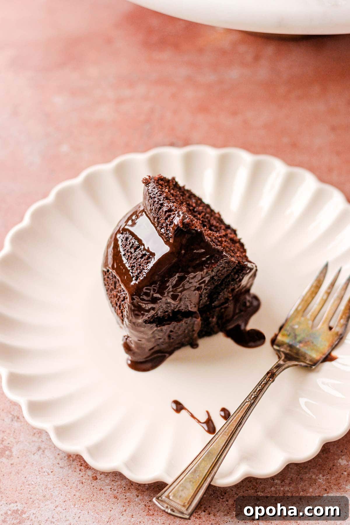 Decadent Chocolate and Peanut Butter Bundt Cake Recipe 6 slice of chocolate bundt cake on a white plate for baking blog