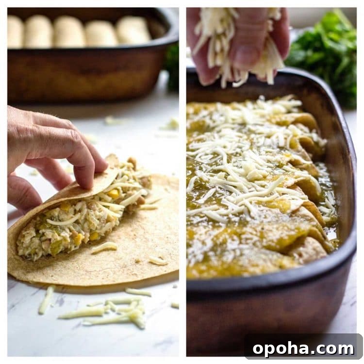 Green Chicken Enchiladas with Tangy Tomatillo Sauce 6 photo collage: making enchiladas verdes
