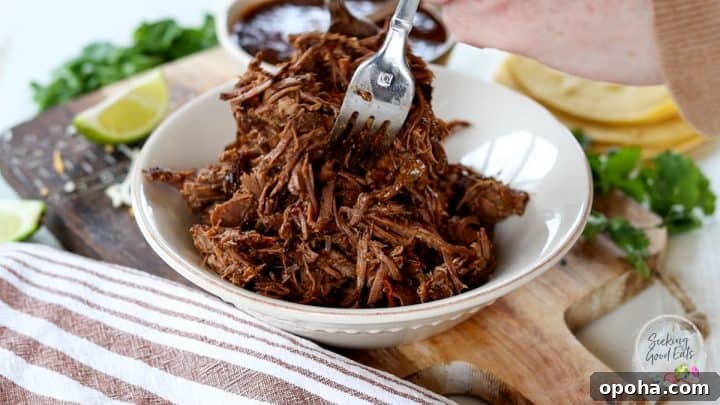Shredding the birria taco meat