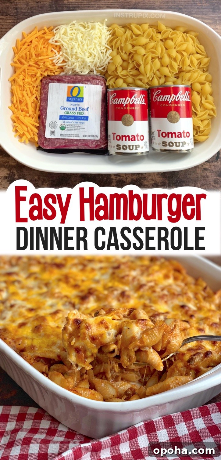 Cheesy Hamburger Dinner Casserole Recipe for Weeknight Meals 8 Looking for quick and easy family dinner recipes with kids? Even your picky eaters will beg for seconds! This cheap and simple meal is made with just a few ingredients: ground beef, tomato soup, pasta and cheese. Kids and teens of all ages will approve of this easy casserole recipe. It's perfect for busy weeknight meals when you're too tired and busy to cook. Just as good leftover for lunch or dinner the next day. A really easy dinner recipe made with ground beef. Husband approved, too!