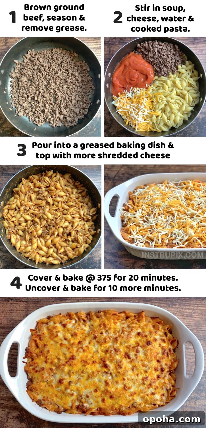 Cheesy Hamburger Dinner Casserole Recipe for Weeknight Meals 6 Seriously, the best ground beef dinner recipe for your picky kids! This simple weeknight meal is a life saver, and it's so quick and easy to make with just a few cheap ingredients: ground beef, tomato soup, pasta shells and lots of cheese. My entire family just gobbles it up. If you're looking for easy dinner recipes for your picky eaters, try this hamburger casserole! It's one of my most popular and best reviewed recipes. Perfect for busy moms and dads on a budget!