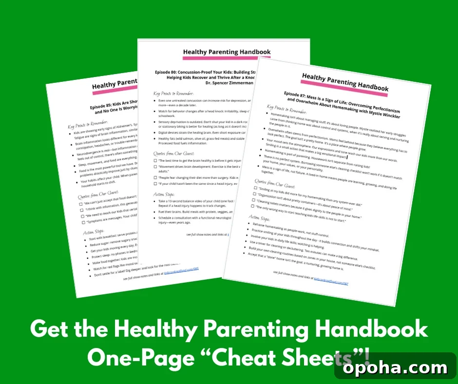 Episode 80: How to Protect Kids' Brains and Help Recovery After a Concussion 2 one-page cheat sheets for the Healthy Parenting Handbook