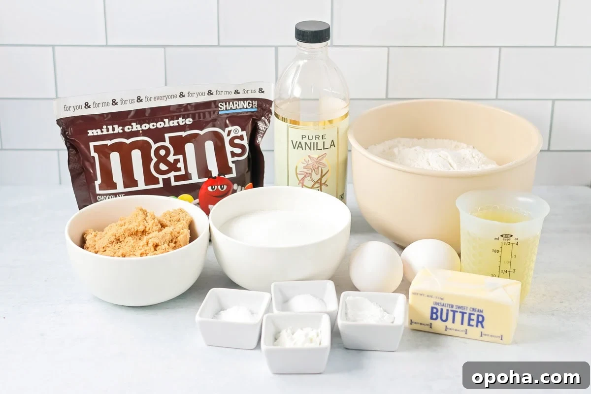 M&M Cookies ingredients on counter.
