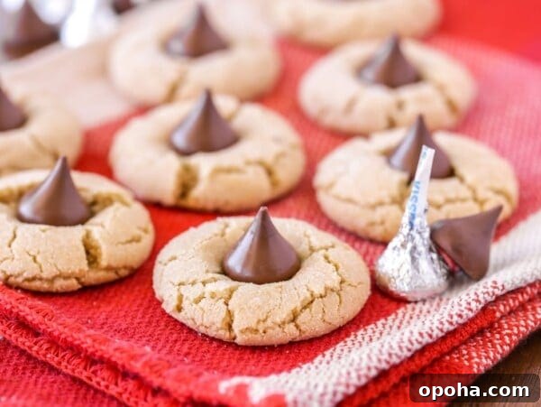 Several Hershey kiss cookies on a red tea towel.