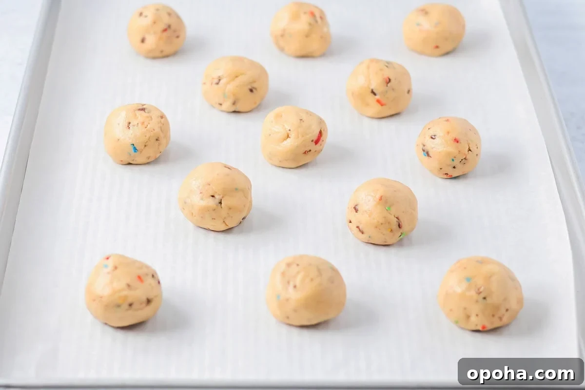 Cookie dough scooped into balls on cookie sheet.