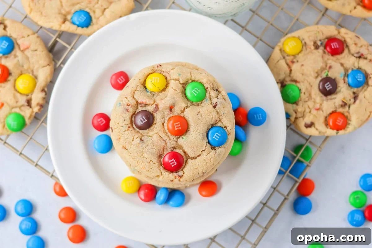 M&M Cookies recipe stacked on each other on white plate.