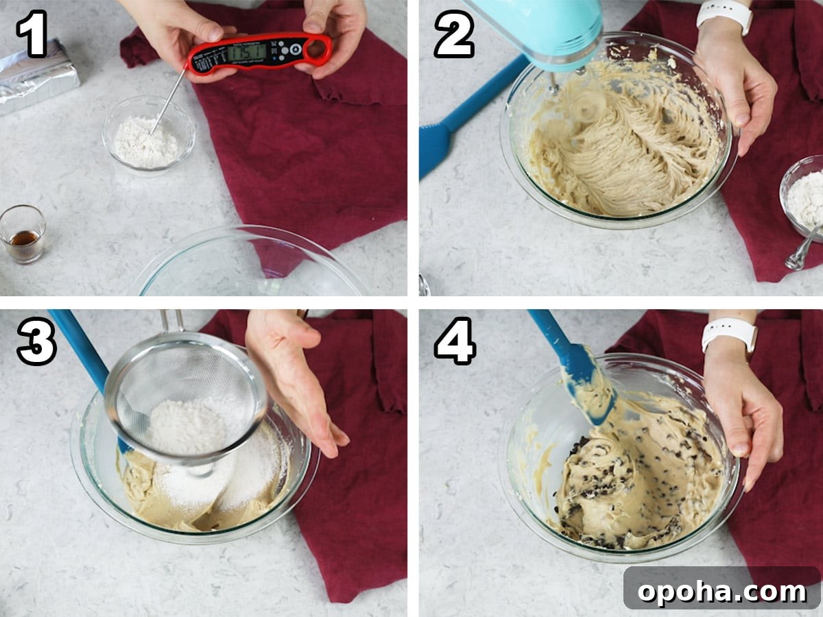 4 image collage showing the steps to making cookie dough dip: heating flour, creaming wet ingredients, adding flour, stirring in chocolate chips