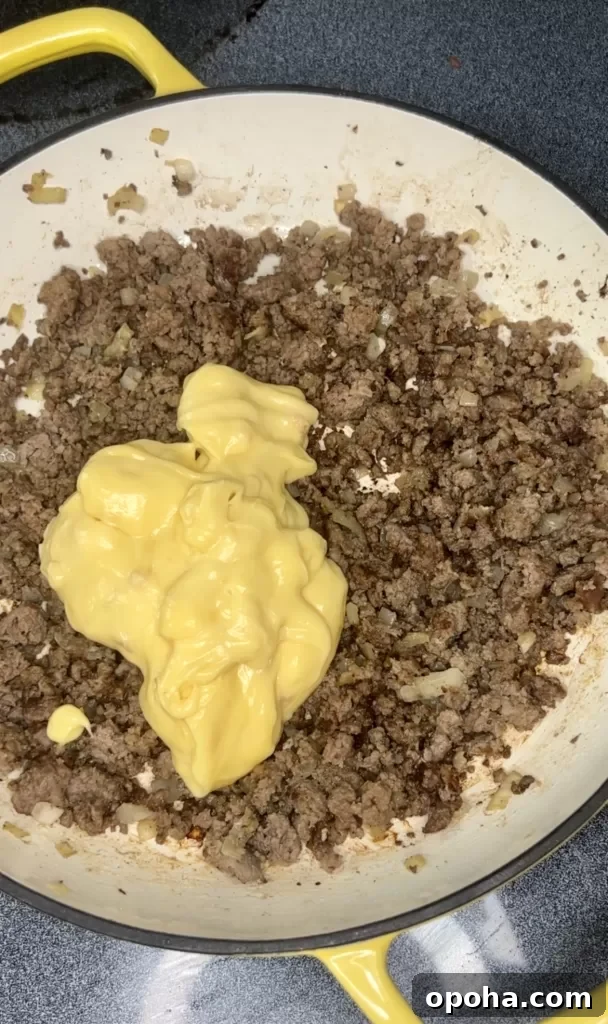 Cheese melting into beef mixture