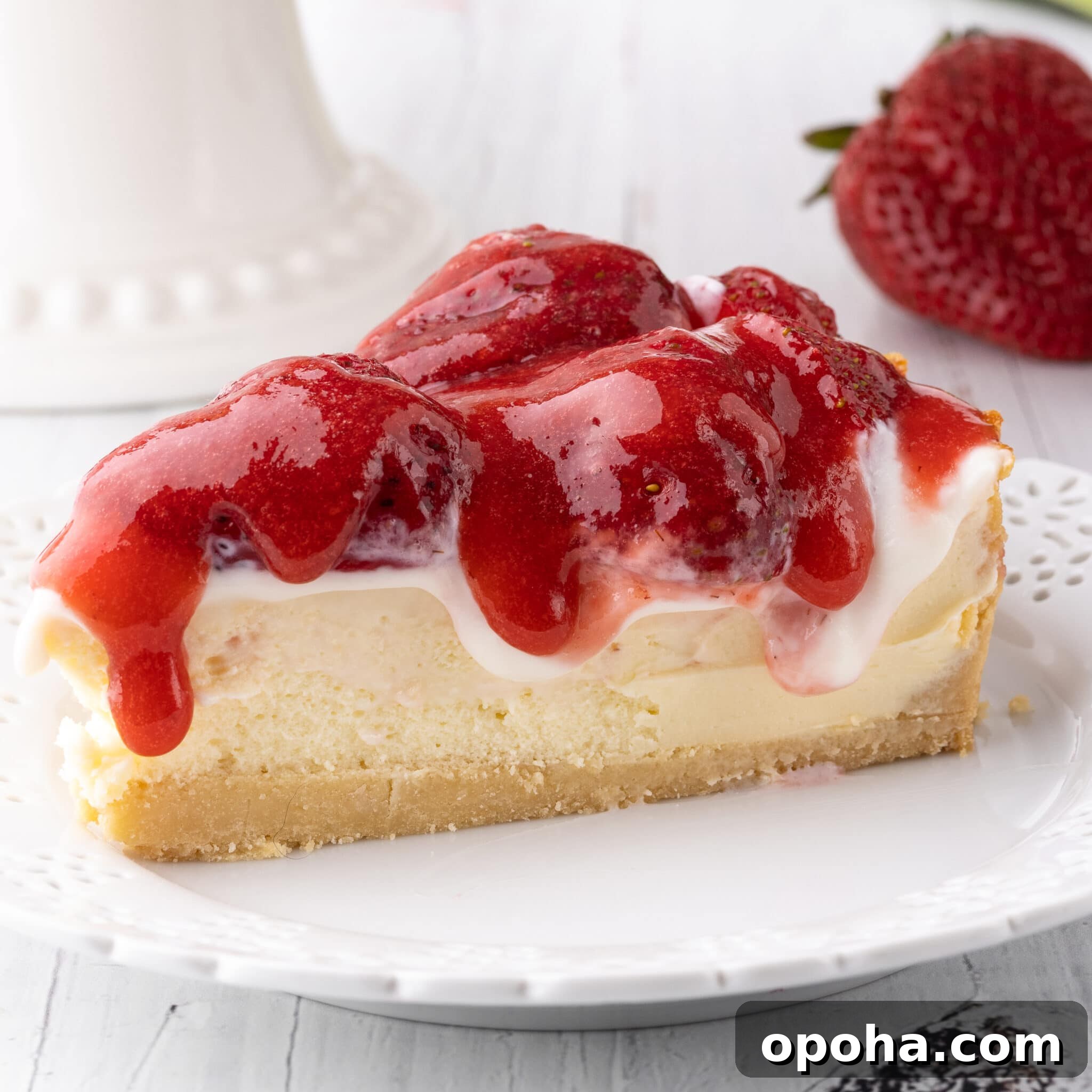 A slice of strawberry cheesecake dripping with sour cream and strawberry sauce topping. 