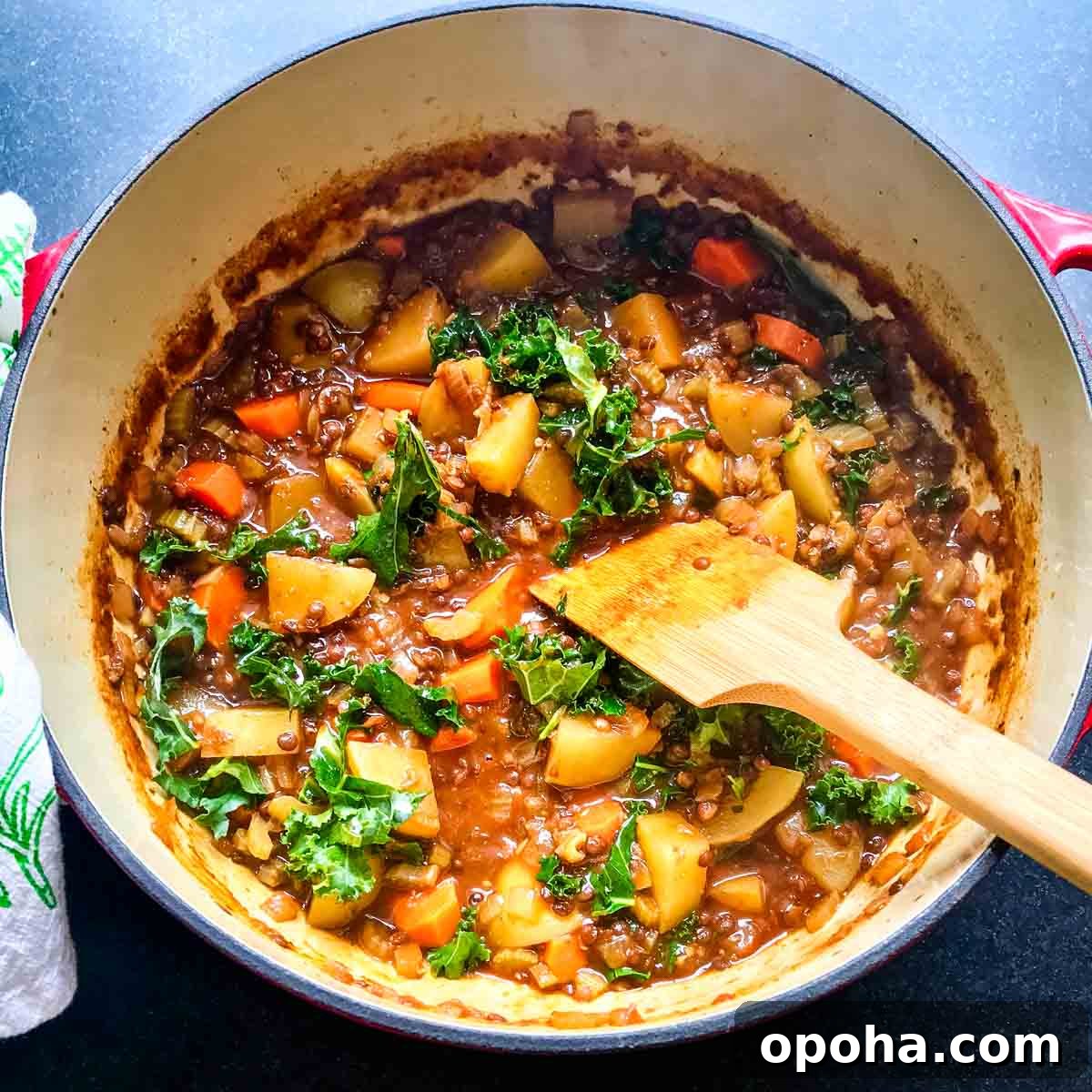 Hearty Vegan Beef-Style Stew Recipe 11 Dutch oven with chunks of potatoes and carrots plus lentils and kale in a tomato sauce.