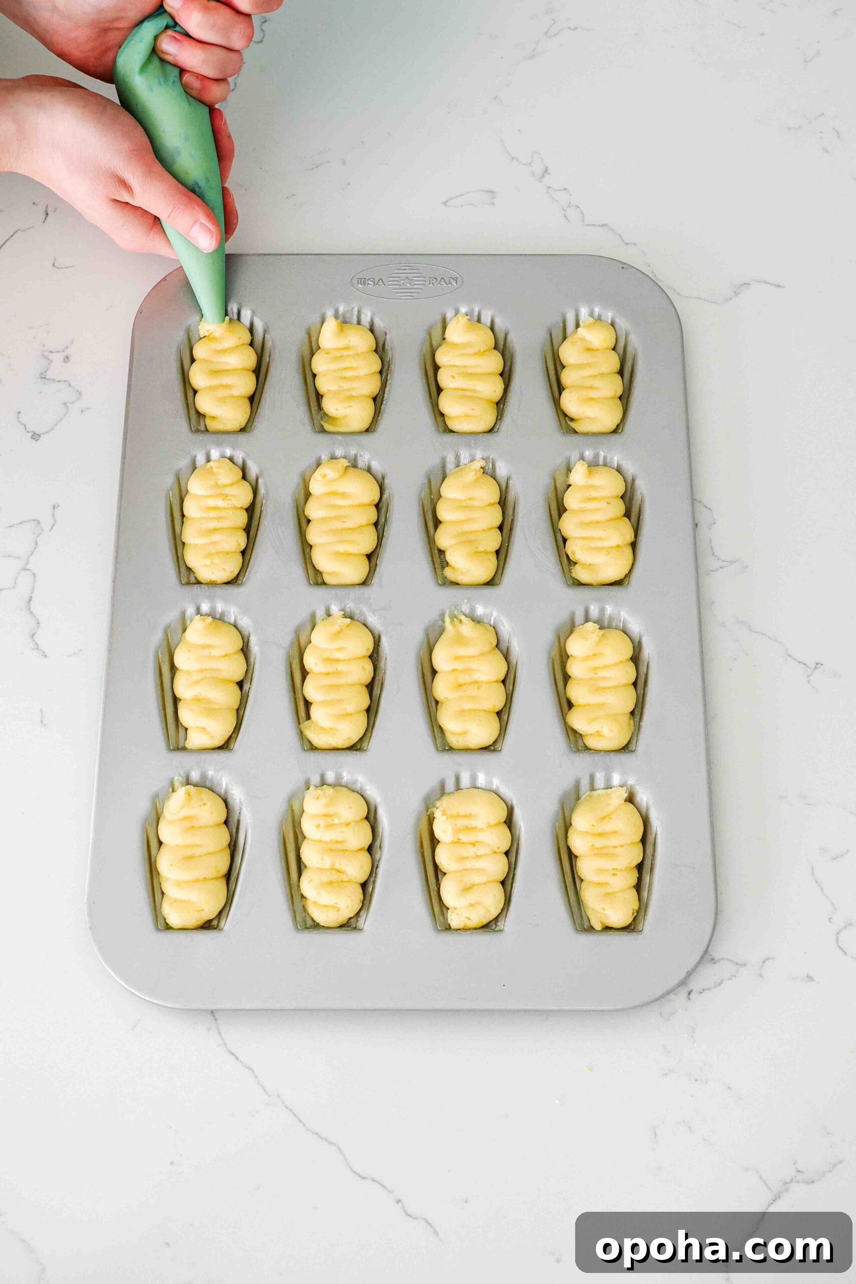 Zesty Lemon Madeleines: Classic French Tea Cakes Recipe 12 A hand pipes lemon madeleine batter into a madeleine pan.