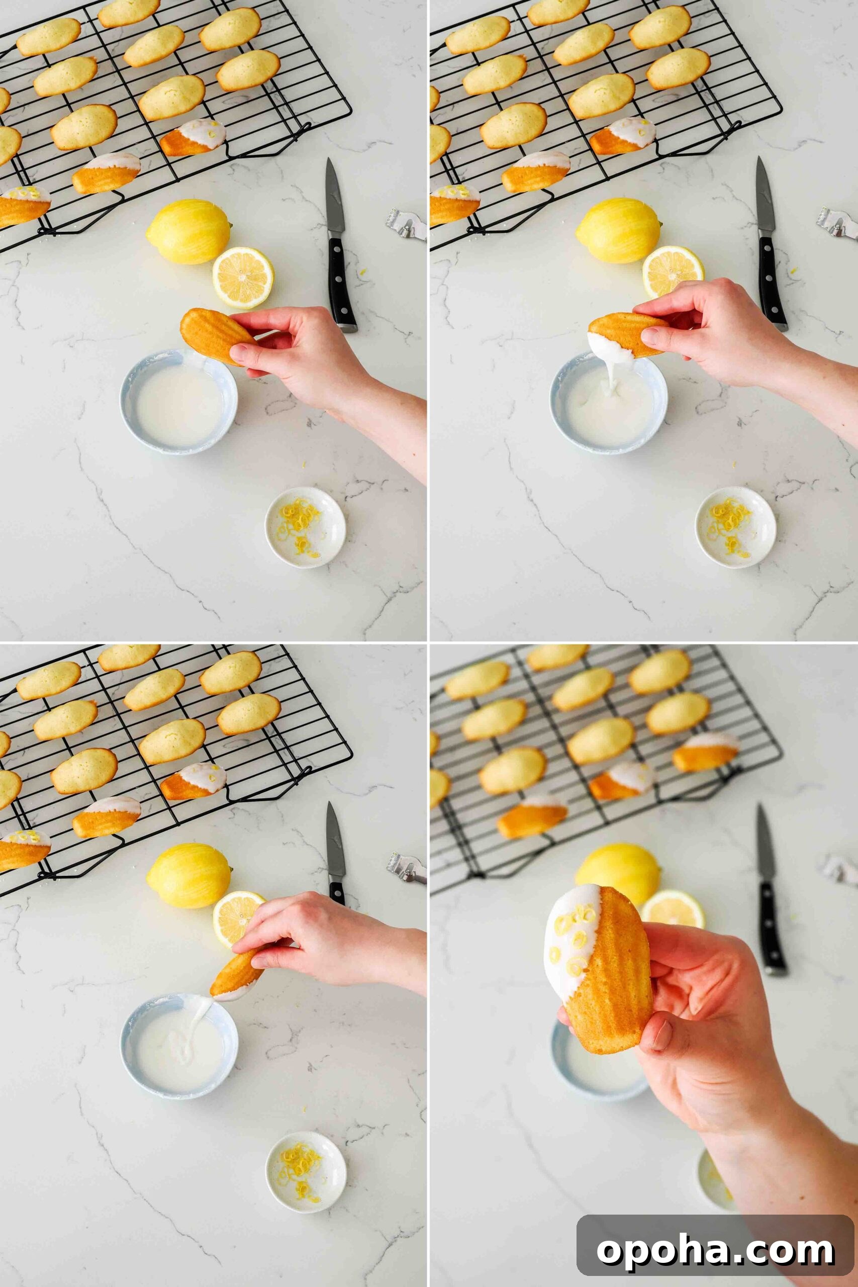 Zesty Lemon Madeleines: Classic French Tea Cakes Recipe 16 A four-prat graphic showing how to dip madeleines into a lemon glaze.