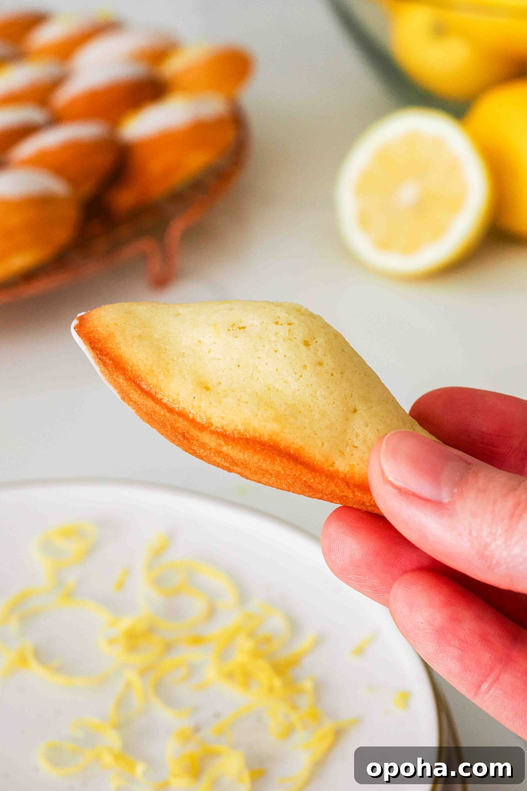 Zesty Lemon Madeleines: Classic French Tea Cakes Recipe 17 A lemon madeleine is flipped over to see the tall hump on the back.