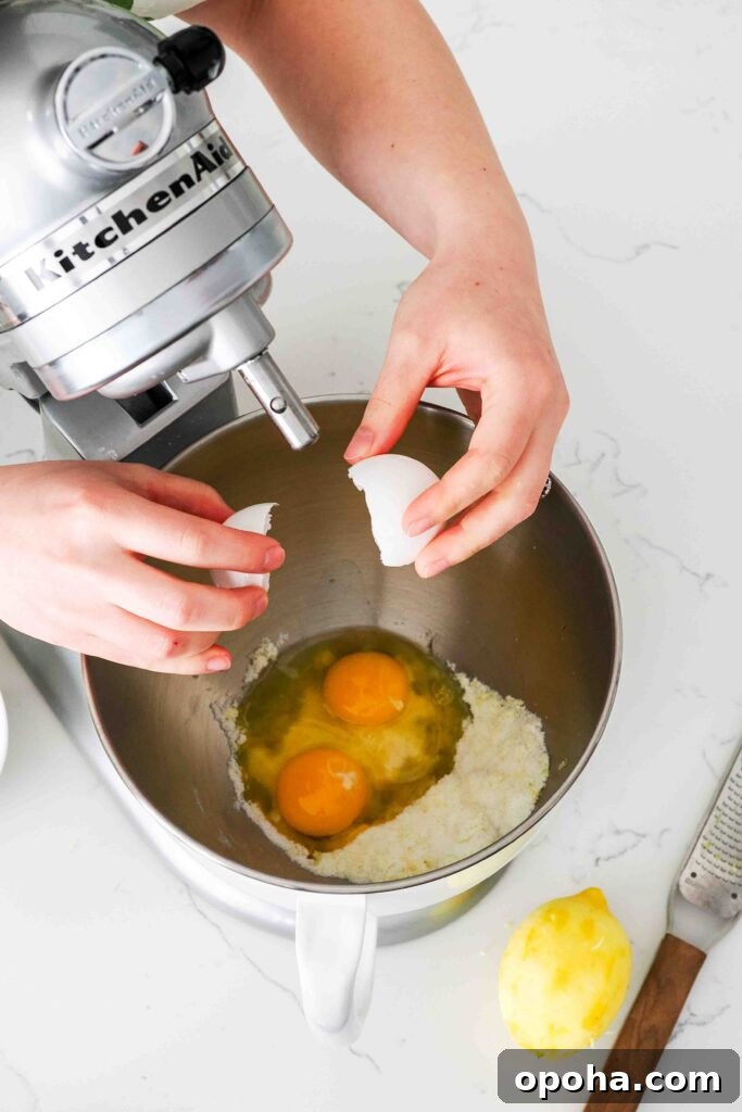 Zesty Lemon Madeleines: Classic French Tea Cakes Recipe 6 Two eggs are cracked into a stand mixer bowl with lemon sugar.