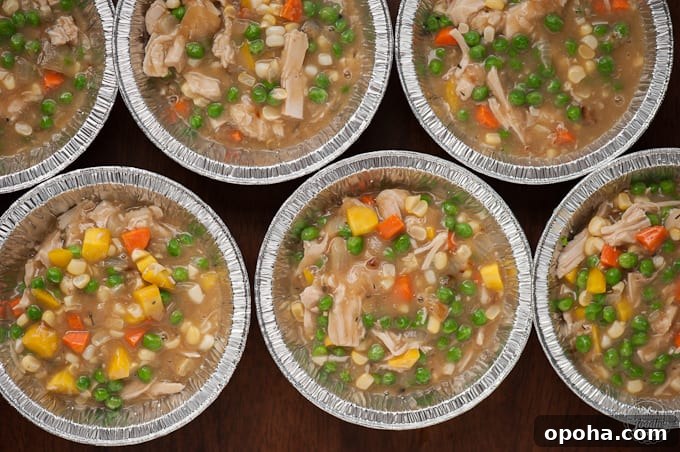 small pie tins filled with chicken pot pie filling
