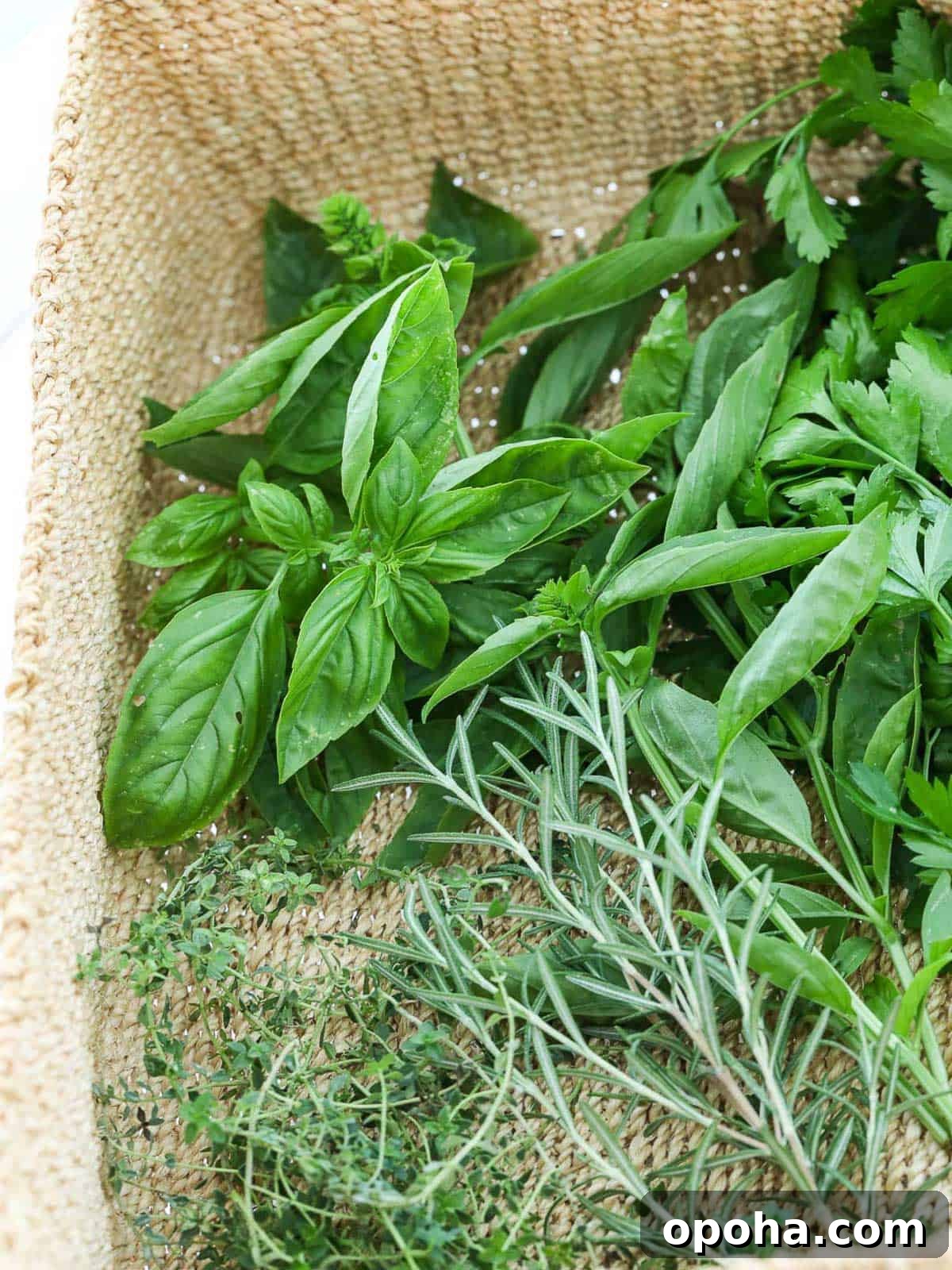A natural basket with fresh herbs piled in the basket.