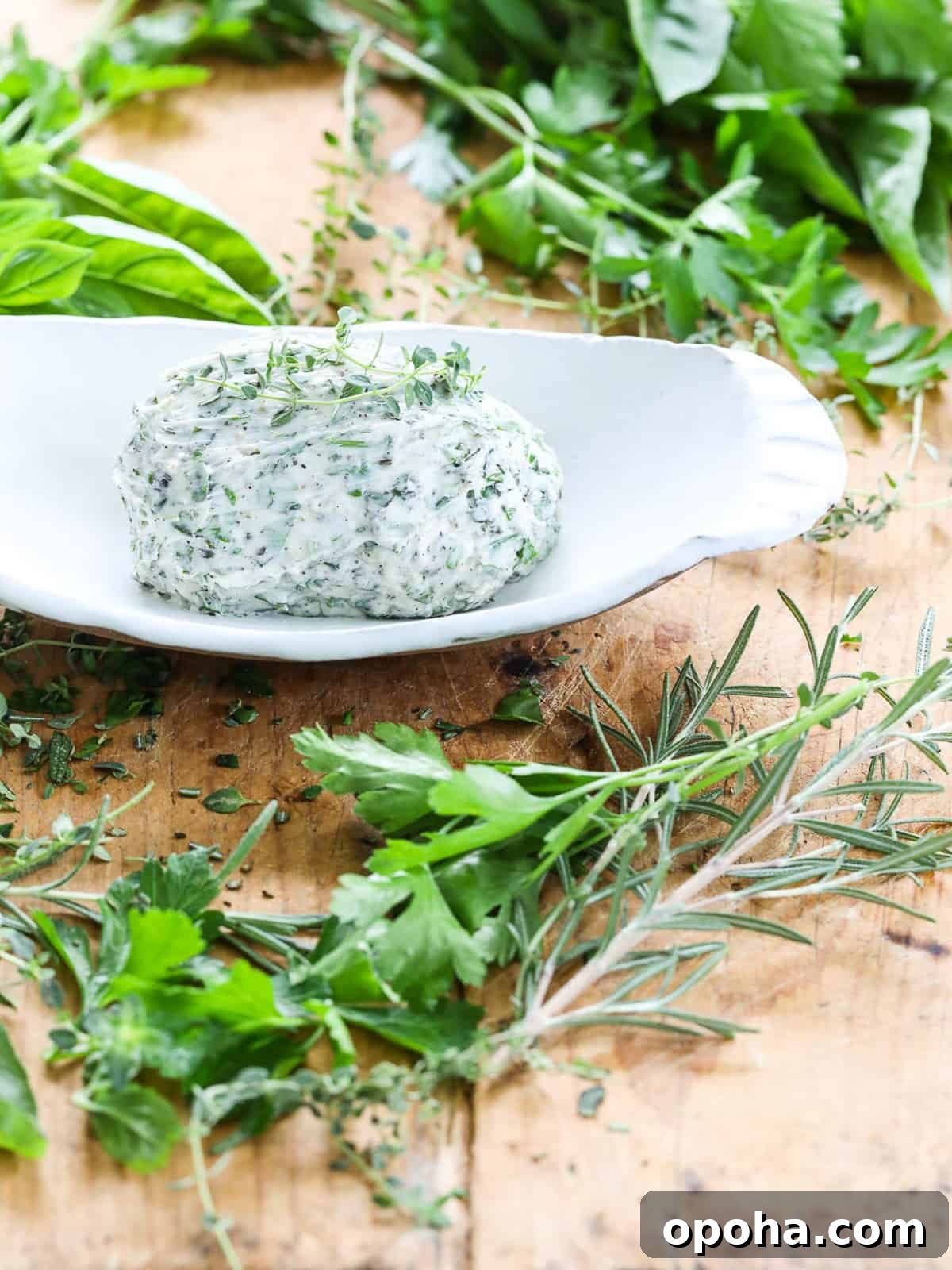 Fresh herb butter in a white dish on a cutting board with herbs.