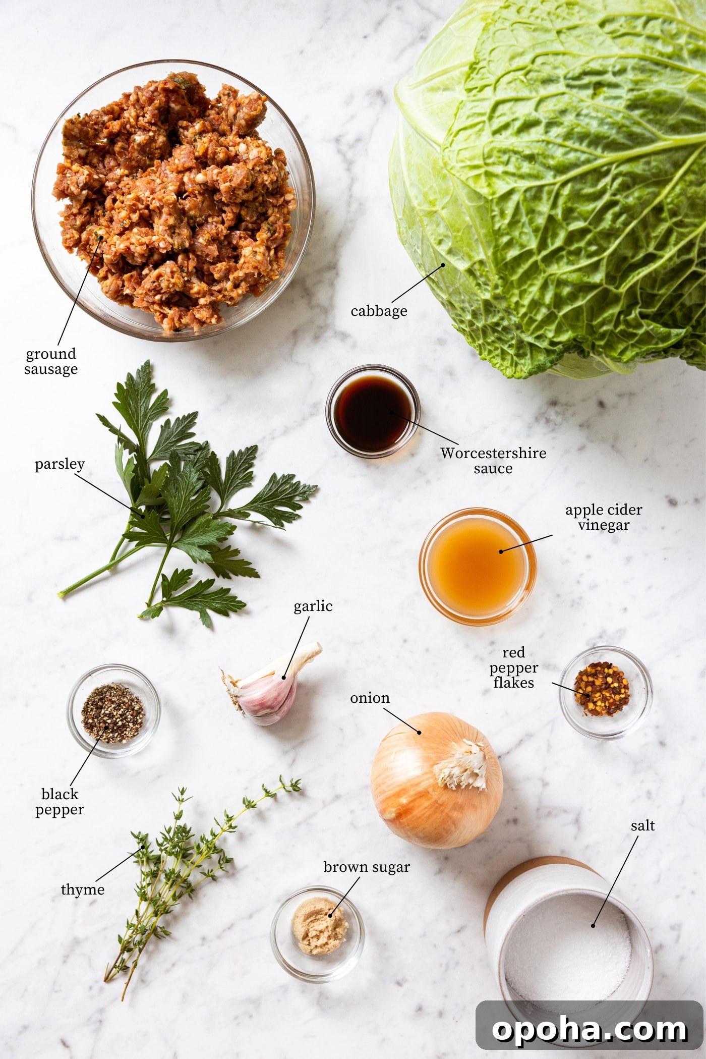 One-Pan Skillet Cabbage with Sausage and Garlic Butter 4 White marble surface filled with all ingredients needed to make skillet sausage and cabbage recipe including a whole cabbage, ground sausage, herbs, garlic, onion, spices, and more.
