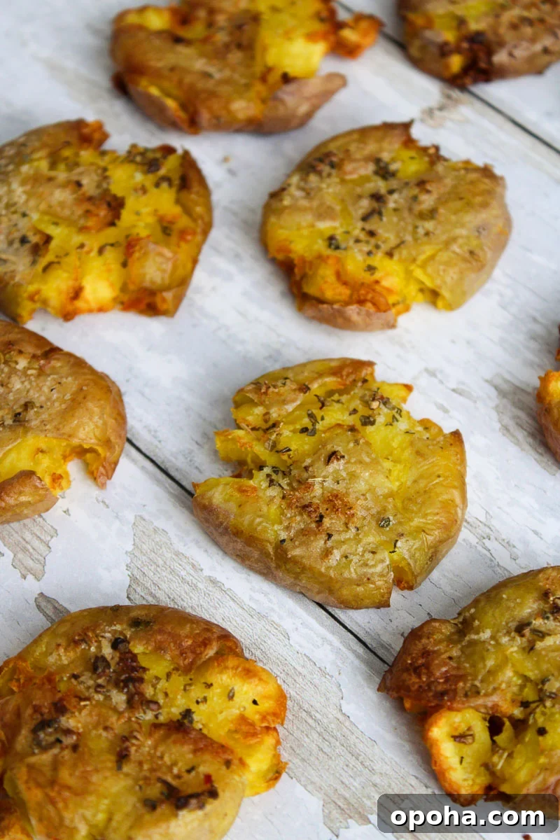 Crispy Air Fryer Smashed Potatoes Recipe 2 Air fryer smashed potatoes on a wooden white board.