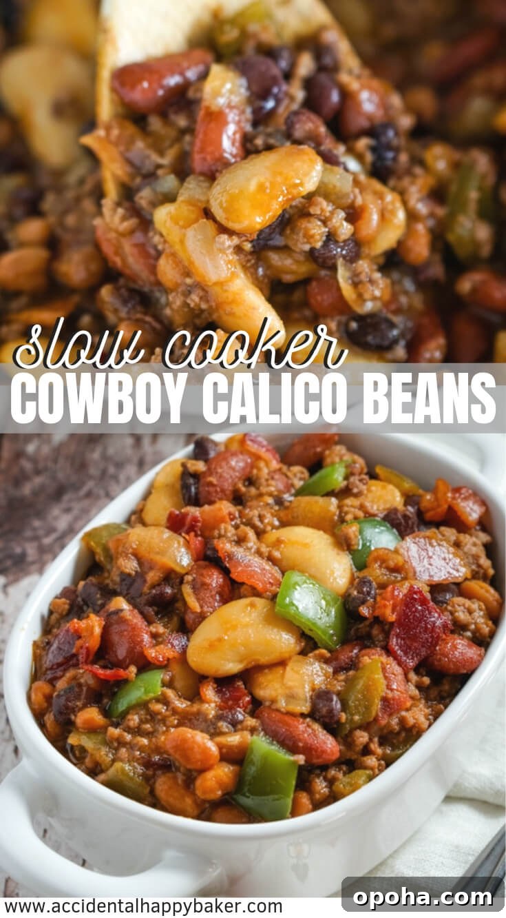 Slow Cooker Calico Beans have a variety of colorful beans slow simmered in a sweet and tangy sauce with ground beef and bacon.
